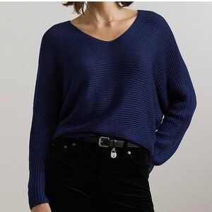 NWT Lauren Ralph Lauren Navy Blue Ribbed V-Neck Dolman Sleeve Sweater XL